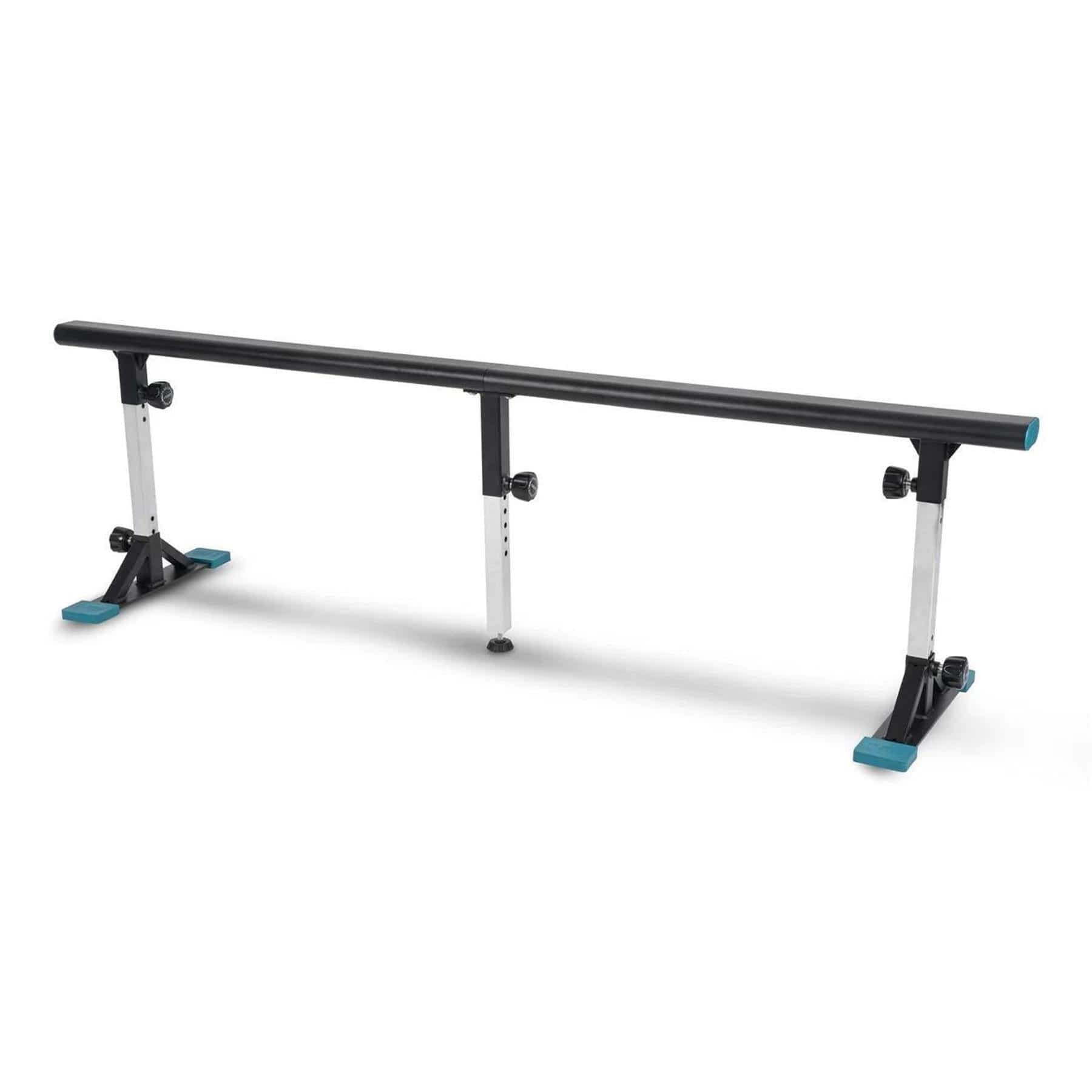 The Invert Supreme Portable Grind Rail - Black by Invert is a weatherproof, adjustable skate rail with blue end caps and support legs, ideal for skateboarding or inline skating, shown on a white background.