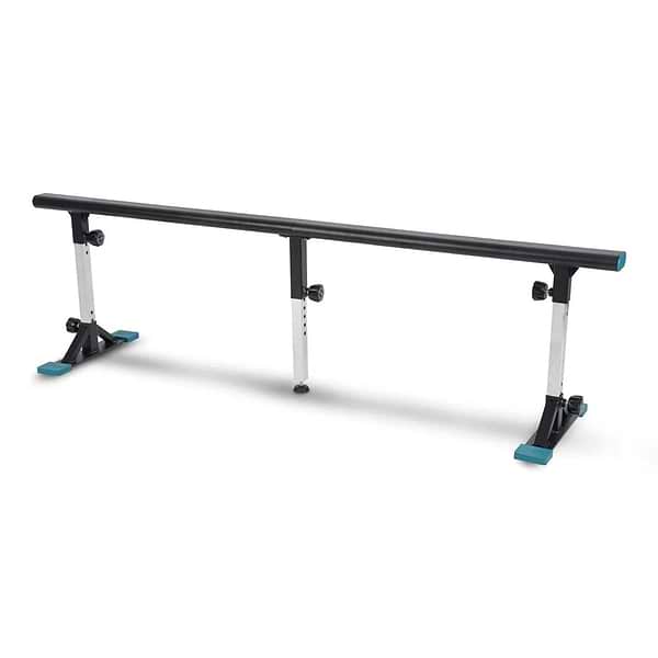 The Invert Supreme Portable Grind Rail - Black by Invert is a weatherproof, adjustable skate rail with blue end caps and support legs, ideal for skateboarding or inline skating, shown on a white background.