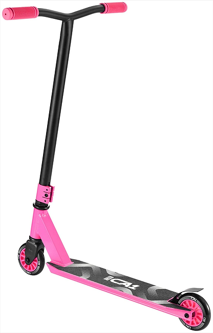 The CORE CA1 Beginner Complete Stunt Scooter - Pink by CORE features pink handlebars, pink wheels, a black deck with white graphics, and is designed for kids. The scooter stands upright on a white background.
