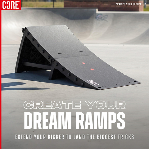 A black modular kicker ramp with a textured surface is set up in a skatepark. Bold text reads, "Build your dream ramps with the CORE XL Kicker Ramp Extender for your biggest tricks." Fine print: Ramps sold separately.
