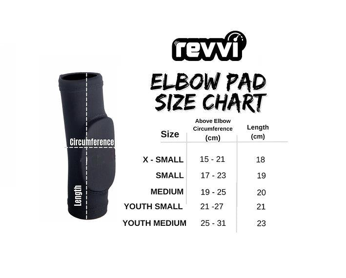 Revvi Kids Elbow MTB Protection Pads - Black size chart (image included) shows labeled measurements for circumference and length in cm. Sizes range from X-Small to Youth Medium, helping you pick the best fit for comfort and protection.