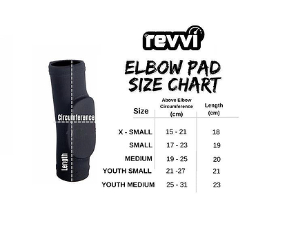 Revvi Kids Elbow MTB Protection Pads - Black size chart (image included) shows labeled measurements for circumference and length in cm. Sizes range from X-Small to Youth Medium, helping you pick the best fit for comfort and protection.