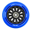 The Slamm Nylon Core 100mm Stunt Scooter Wheel in blue showcases a black hub with visible ABEC 9 Chrome Bearings. The text on the wheel reads "Slamm Scooters 100MM" and "88A NylonS," emphasizing its durable Slamm nylon core and polyurethane composite construction.