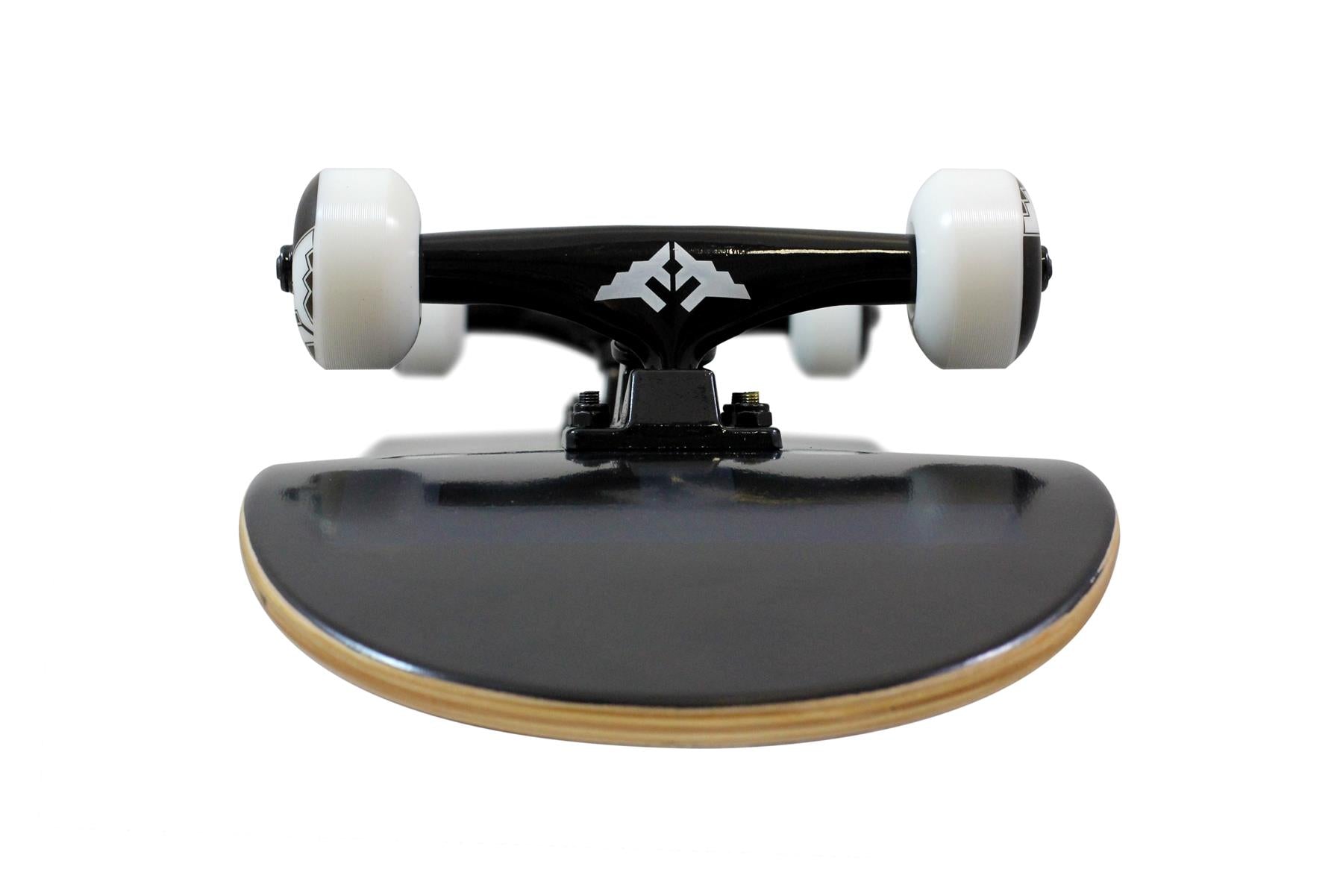 Front view of the Fracture Fade Series Black Complete Skateboard (8.25" x 32") with Fracture 100A wheels and black trucks, displayed against a plain white background.