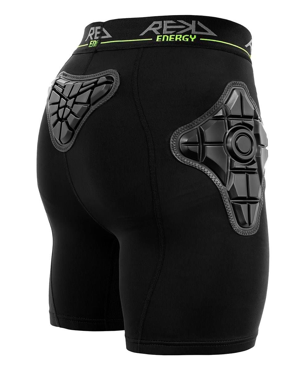 REKD Energy Pro Impact Skate Protection Shorts - Black offer superior multi-sport protection with padded hip protectors and REKD Energy Foam. The black waistband features a green line and displays the “RELY ENERGY” branding.