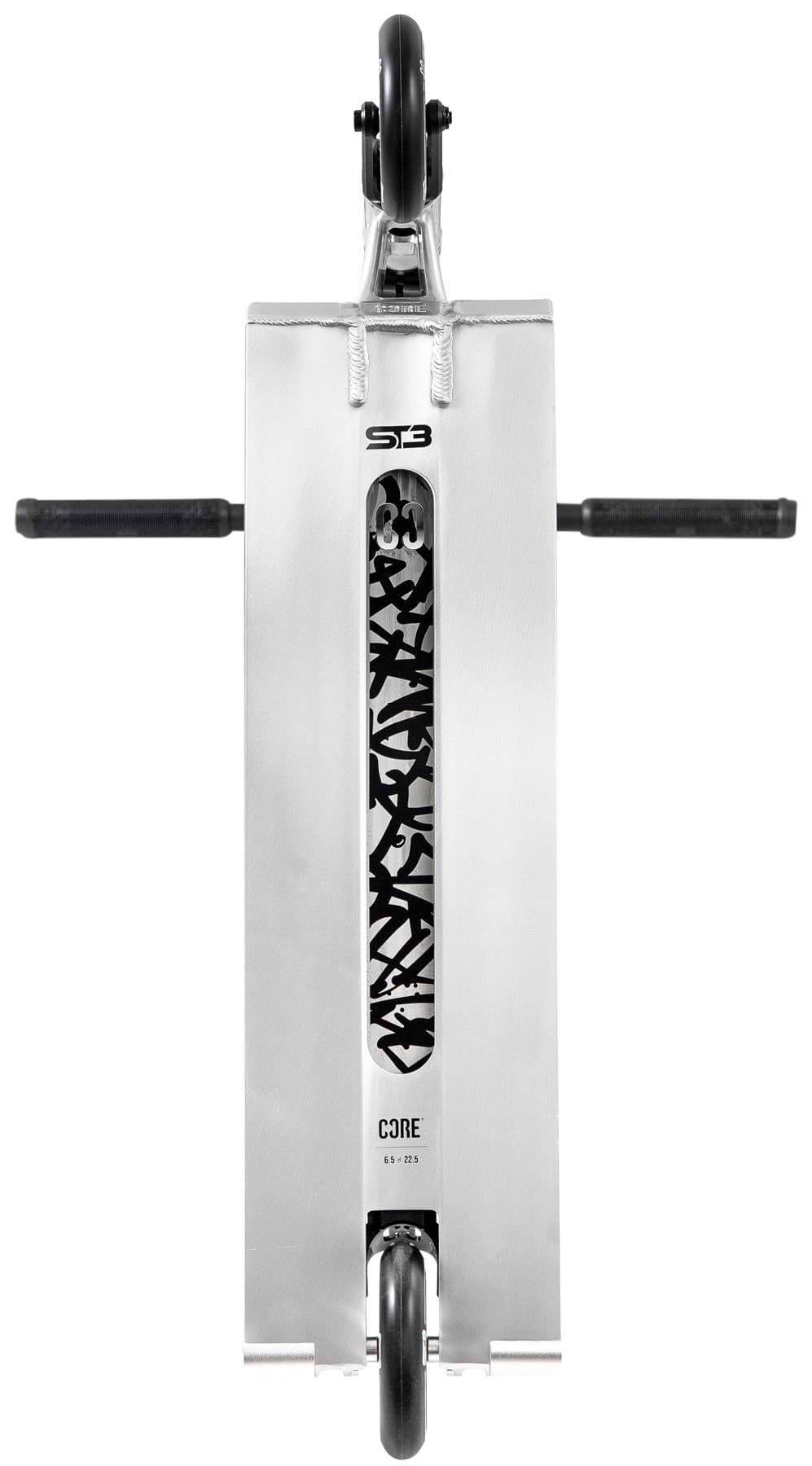 Top view of the CORE ST3 Complete Stunt Scooter in polished silver by CORE, featuring black handlebars and wheels, a geometric-patterned cutout deck, and pro-grade components.