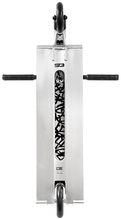 Top view of the CORE ST3 Complete Stunt Scooter in polished silver by CORE, featuring black handlebars and wheels, a geometric-patterned cutout deck, and pro-grade components.