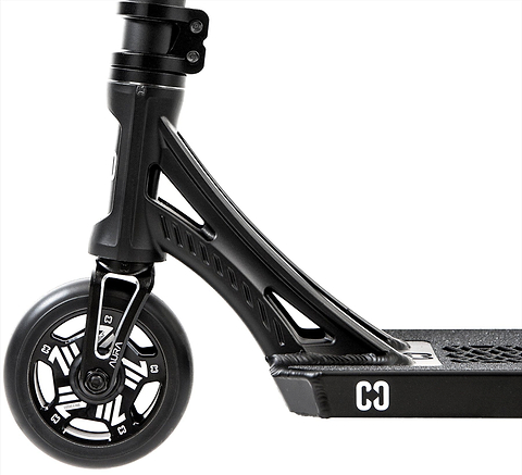 Close-up side view of the CORE SL3 Complete Stunt Scooter - Black by CORE, showcasing the front wheel, fork, and deck with "C3" marking—ideal for riders seeking a durable skatepark scooter.