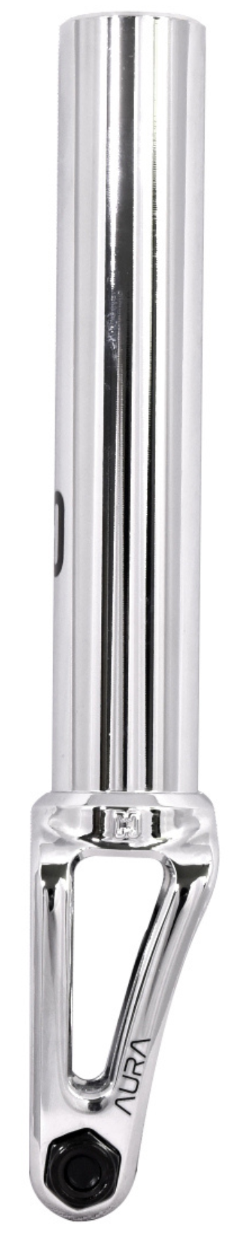 The CORE Aura SCS/HIC Stunt Scooter Forks - Chrome by CORE, shown vertically on a white background, feature a shiny silver finish and a triangular cutout design near the base.