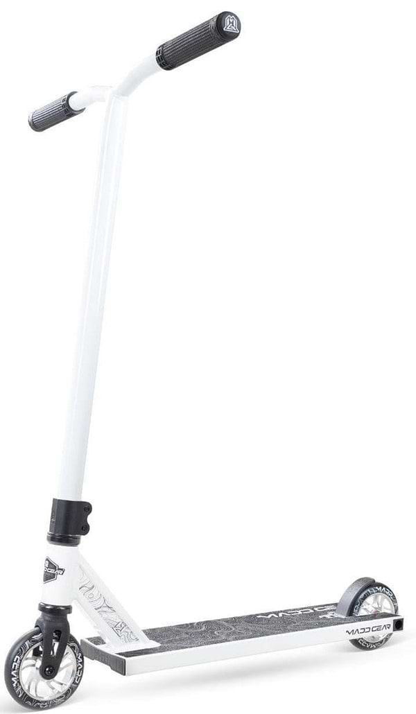 The Madd Gear (MGP) MG 4 Titan Complete Stunt Scooter in Arctic White features black handlebars and grip tape, two small wheels, and a sleek, modern design—ideal for action sports enthusiasts.