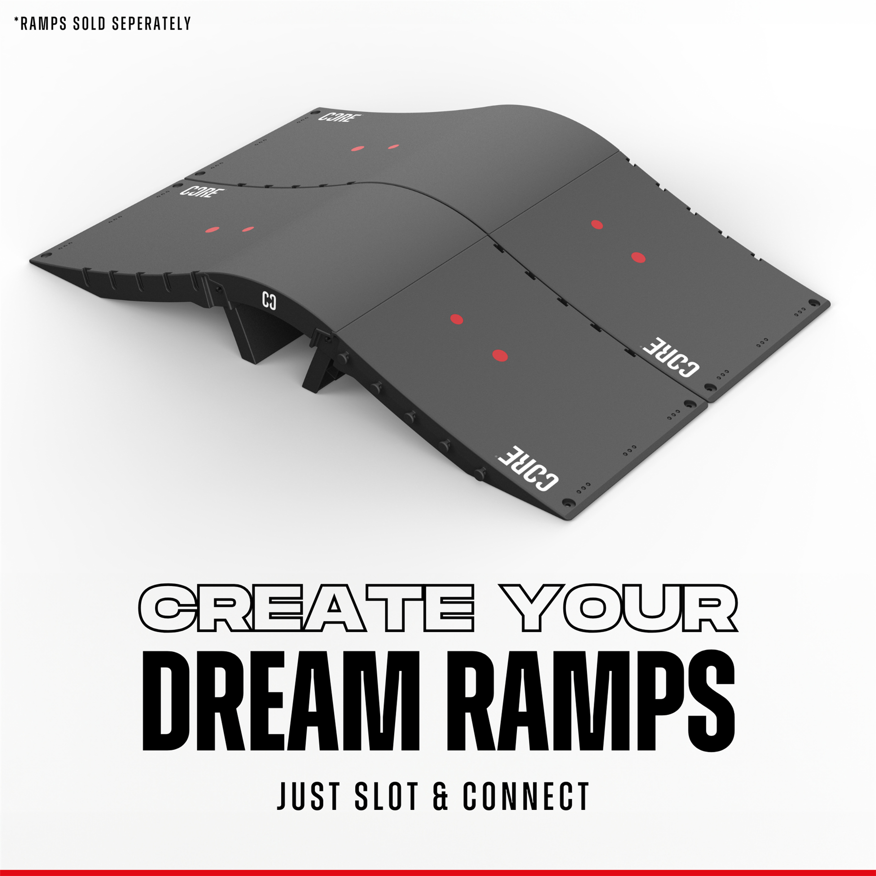 The CORE Mini Wave Bridge Connector by CORE is a modular black skate ramp accessory with curved surfaces and visible slots. Text: "CREATE YOUR DREAM RAMPS – Just Slot & Connect." Note: "Ramps sold separately. Compatible with CORE Kickers.