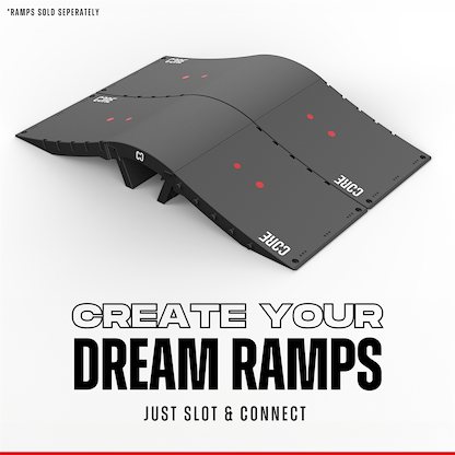 The CORE Mini Wave Bridge Connector by CORE is a modular black skate ramp accessory with curved surfaces and visible slots. Text: "CREATE YOUR DREAM RAMPS – Just Slot & Connect." Note: "Ramps sold separately. Compatible with CORE Kickers.