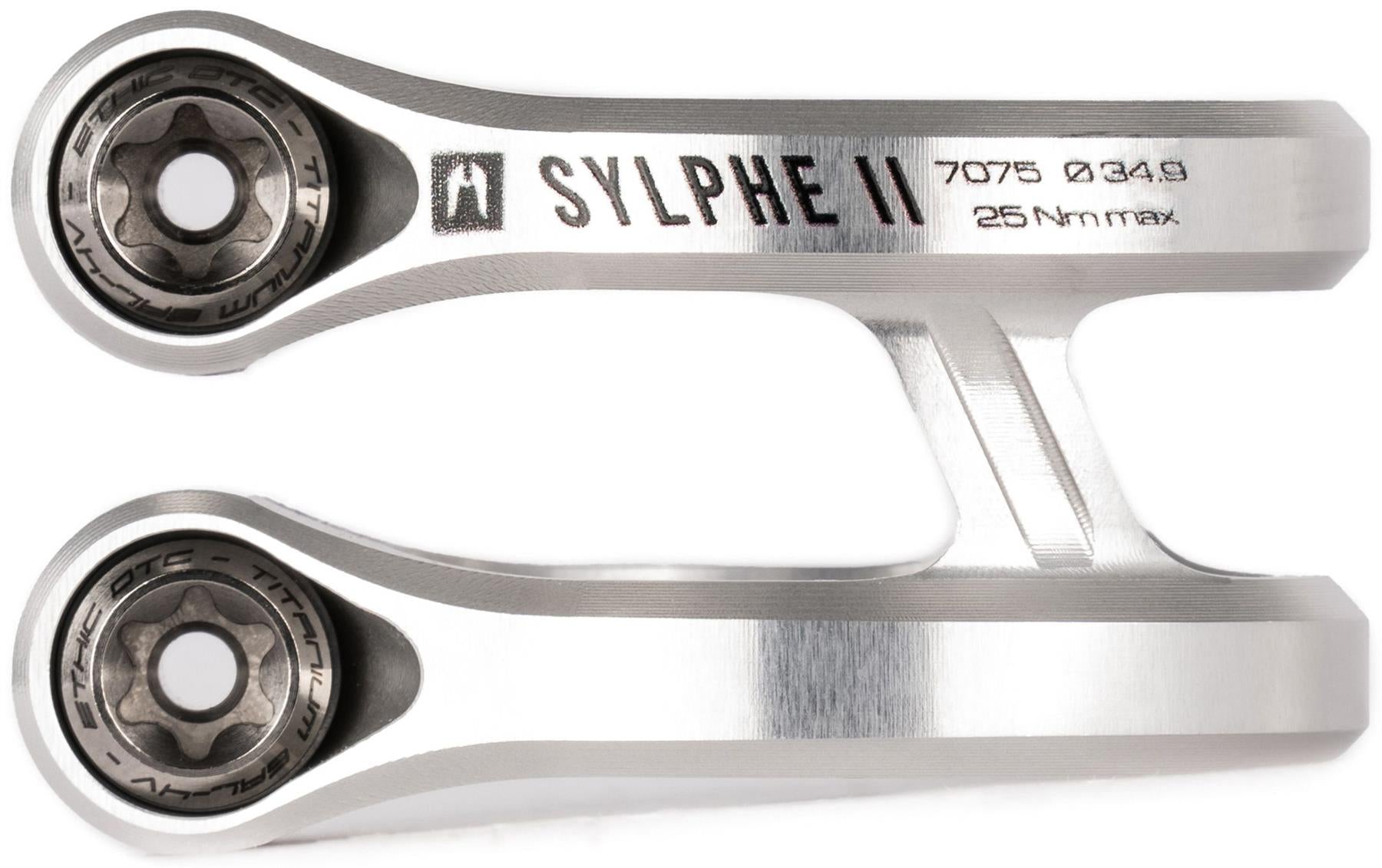 Close-up of the Ethic DTC Sylphe V2 2 Bolt Oversized Stunt Scooter Clamp - Raw by Ethic, labeled "SYLPHE II," engraved with "7075 Ø34.9" and "25 Nm max." Two marked bolts are visible at each end.