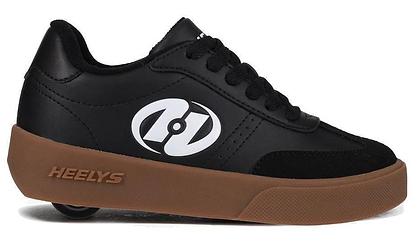 The Heelys Goleeh Boys Shoes in black/white/gum feature a black low-top court style with a brown sole, black laces, white logo, and a single wheel in the heel for rolling fun. Brand: Heelys.