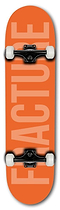 The Fracture Fade Series Orange Complete Skateboard (8" x 31.75") features bold "FRACTURE" lettering on its Canadian Maple deck, plus black trucks and durable Fracture 100A wheels—all from the Fracture brand.
