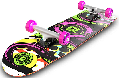 The Madd Gear MGP Pro Series KONDA LE Complete Skateboard (8" x 31") features a vibrant abstract design, pink wheels, silver trucks, and the Madd Gear Australia logo—great for beginners or fans of Complete Skateboards.