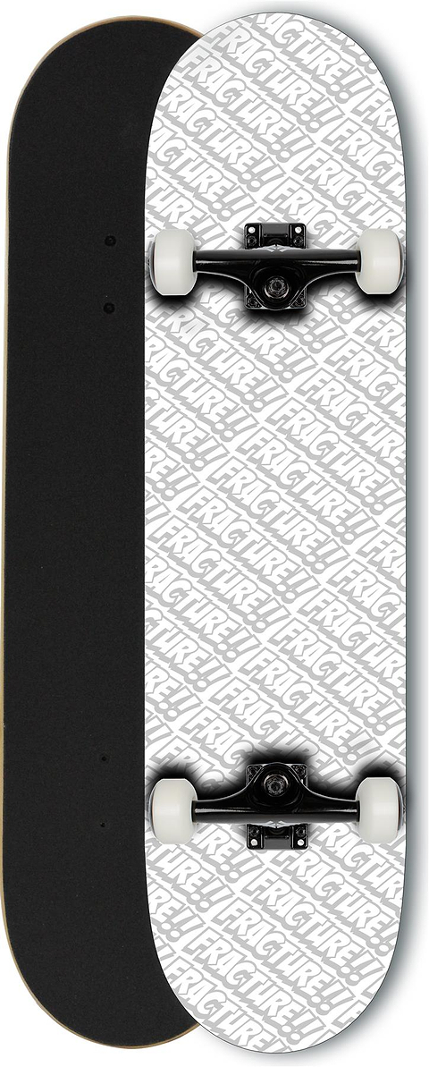 Two Fracture All Over Comic White Complete Skateboards (8.25" x 31.75") are side by side: the left shows black grip tape, while the right reveals a white underside with an all-over comic pattern, both featuring white wheels and silver trucks.
