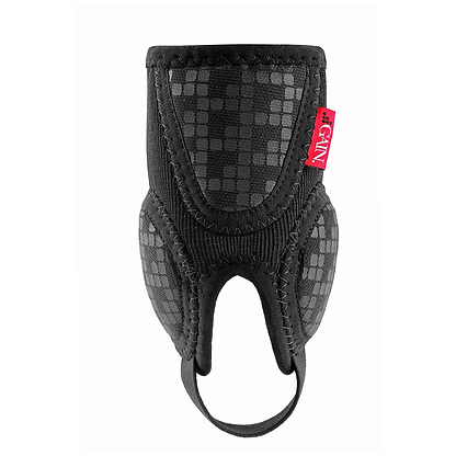 The GAIN Protection Pro Adult Ankle Protectors - Black by GAIN feature textured neoprene, reinforced stitching, geometric patterns, and a red fabric tag. Pet-inspired design with paw and leg openings offers targeted ankle protection.