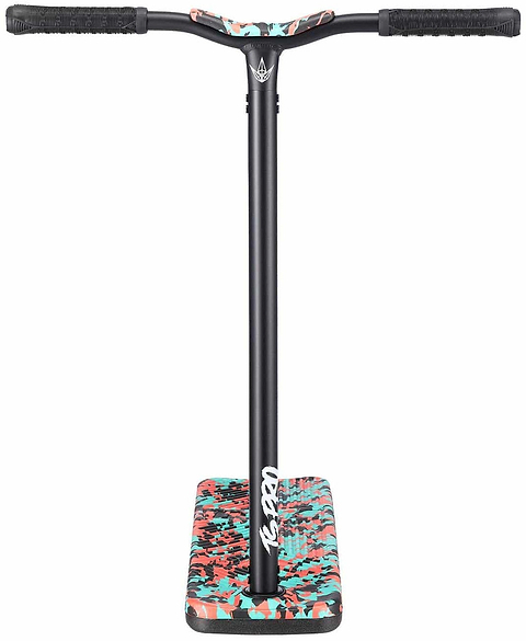 Introducing the Blunt Envy TS Pro 7.5 Indoor Trampoline Stunt Scooter, showcasing a sleek black T-bar handle and a vibrant deck with a teal camo pattern. Perfect for riders who appreciate style and performance.