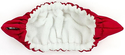 The SFR Ice Skate Blade Soakers in red offer a microfiber exterior with crinkle fabric resembling a stuffed rugby ball and a fluffy white interior, providing ideal moisture protection for pets that love to play and chew.