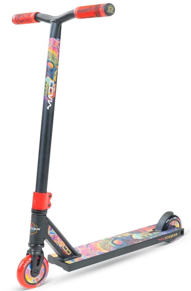 The Madd Gear MG 2 Obsidian Complete Stunt Scooter - Frenzy features red grips and wheels, a black frame, and a vibrant, psychedelic swirl deck design—making this Madd Gear (MGP) scooter an eye-catching choice for stunt scooter fans.