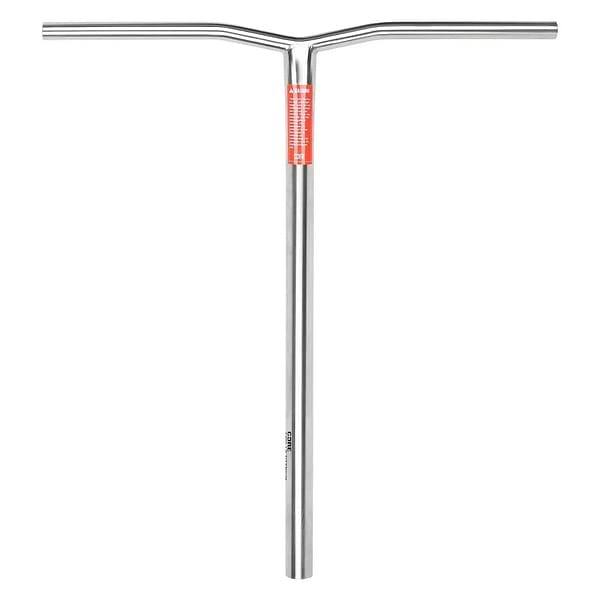 The CORE Apollo V2 Titanium Oversized HIC Stunt Scooter Bars, in a sleek raw finish measuring 680mm x 630mm, feature a minimalist design enhanced with an ergonomic touch. These lightweight scooter bars include long, straight horizontal grips and a vertical bar. Enhancing its style is the red and white sticker at the center. Ideal for any rider seeking high performance with a polished look.