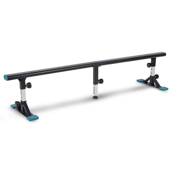 The Invert Supreme Portable Grind Rail - Black by Invert is adjustable, weatherproof, and durable, with metal supports, blue end caps, and anti-slip bases—ideal for scooter or skate sessions.
