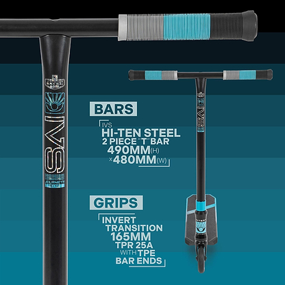 Image of the Invert Supreme Journey 1+ Mini Jamie Hull Stunt Scooter, showcasing its design features. Text reads: "Bars: Hi-Ten Steel, 2 Piece 'T' Bar, 490mm(H) x 480mm(W). Grips: Invert Transition, 165mm TPR 25A with TPE bar ends." This scooter's tri electro teal and black design by Invert is perfect for skatepark action with its high performance.