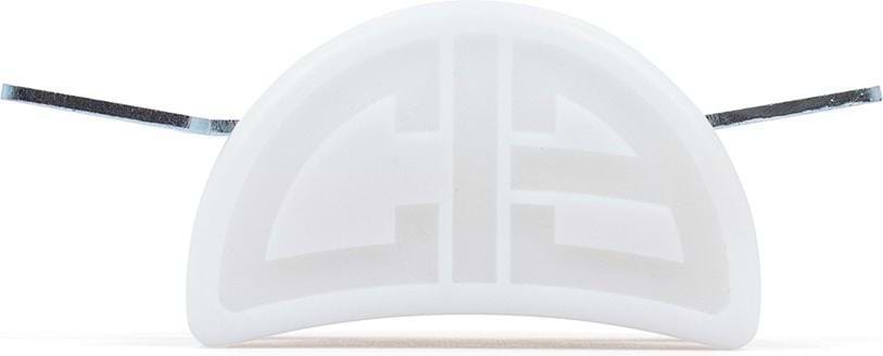 The Chicks In Bowls Roller Skate Slide Blocks - White by Chicks In Bowls are white, semi-circular skate accessories with geometric cut-outs and two metal wires per side, designed as essential quad skate gear for roller skating enthusiasts.
