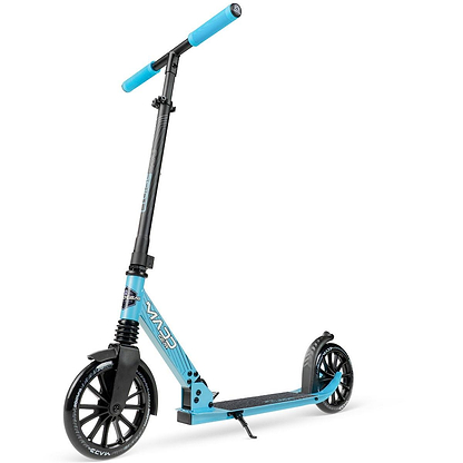 The Madd Gear Metro Cruise 250 Foldable Commuter Scooter by MGP features large wheels, blue handlebars, a kickstand, and adjustable height in black and blue, shown on a white background.