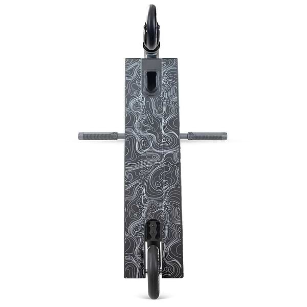 Top-down view of the Madd Gear MG 4 Titan Complete Stunt Scooter in black by Madd Gear (MGP), featuring a rectangular deck with a black and white contour pattern, two black wheels, and horizontal handlebars—ideal for perfecting freestyle tricks.