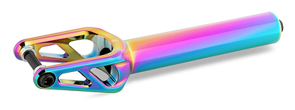 Introducing the Drone Majesty 4 SCS/HIC Stunt Scooter Forks in Neochrome: a colorful, iridescent marvel with an integrated axle. Its sleek cutouts and smooth finish seamlessly transition through purple, blue, and gold hues for peak performance.