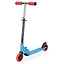 The Xootz Electron Foldable Kids Kick Scooter in blue features adjustable black handlebars, red grips, a patterned light blue and black deck, vivid red wheels, and a convenient black kickstand.