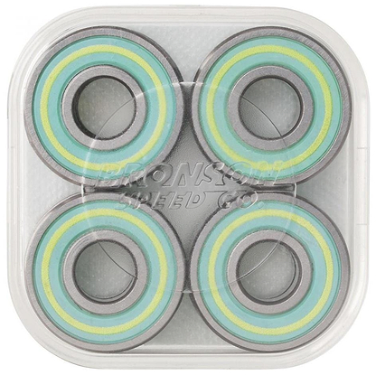 Experience top-tier skate performance like pro Samarria Brevard with the Bronson Speed Co. Samaria Brevard Pro G3 Skateboard Bearings. This eight-pack, featuring concentric green and blue rings, comes neatly arranged in a square plastic container.