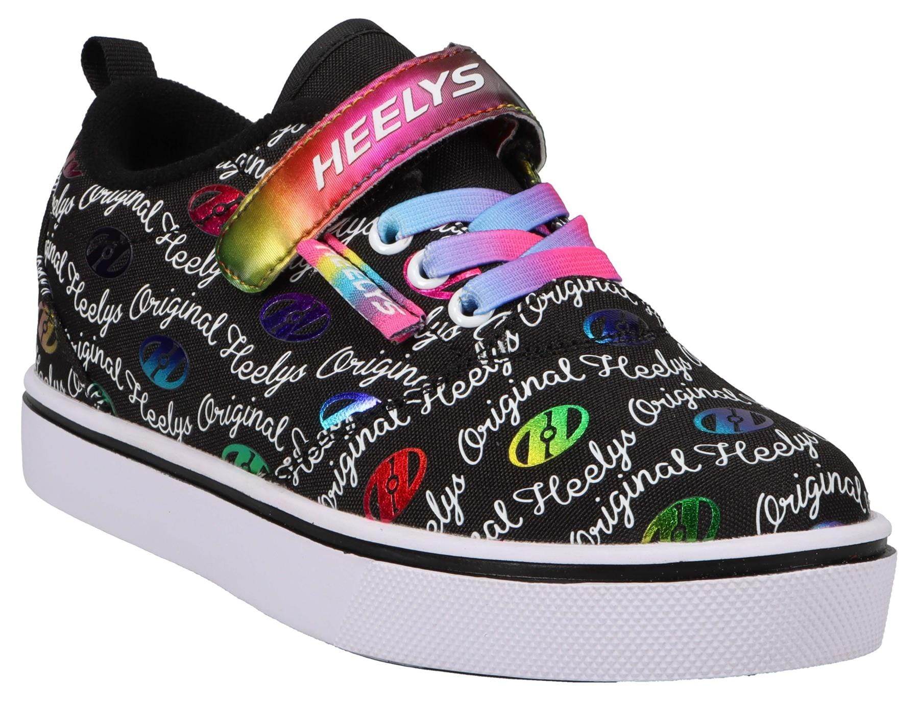 The Heelys Pro 20 X2 Girls Shoes by Heelys feature a black nylon upper with colorful “Heelys Original” text and logos, rainbow laces, a multicolored tongue strap, white sole, and low-profile wheels in the heel.