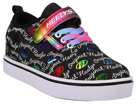 The Heelys Pro 20 X2 Girls Shoes by Heelys feature a black nylon upper with colorful “Heelys Original” text and logos, rainbow laces, a multicolored tongue strap, white sole, and low-profile wheels in the heel.