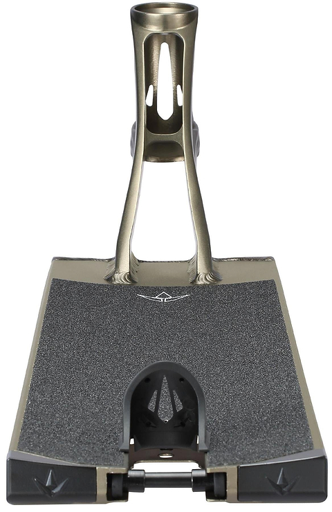 A close-up of the Blunt Envy AOS V6 Squad Olive Stunt Scooter Deck (6" x 22") shows its metallic build, textured grip, angled rear cutouts, and robust rear wheel bracket—ideal for riders wanting top Blunt Envy performance.