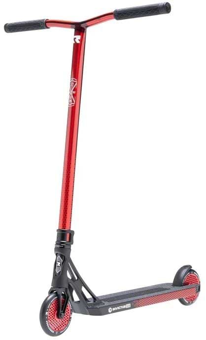 The Root Industries Invictus V3 Complete Stunt Scooter - Burnt Red features Chromolite bars, a solid red stem, black deck with a white "Invictus" logo, and red-accented wheels—designed by Root Industries for top performance.