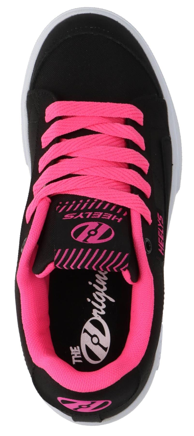 The Heelys Digilo Nylon Girls Shoes in Black/Pink feature bright pink laces, lining, and logo details with signature Heelys branding and a visible wheel slot at the heel for skating fun.