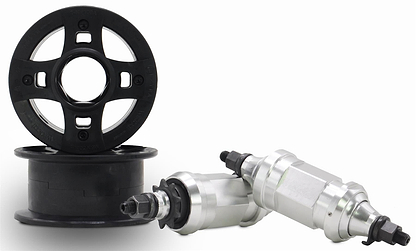 Two black plastic spools and two silver metal parts with threaded black ends are shown on a white background, appearing as components compatible with the Wildcat OG 3A Mini BMX Bike - Galaxy Purple by Wildcat.
