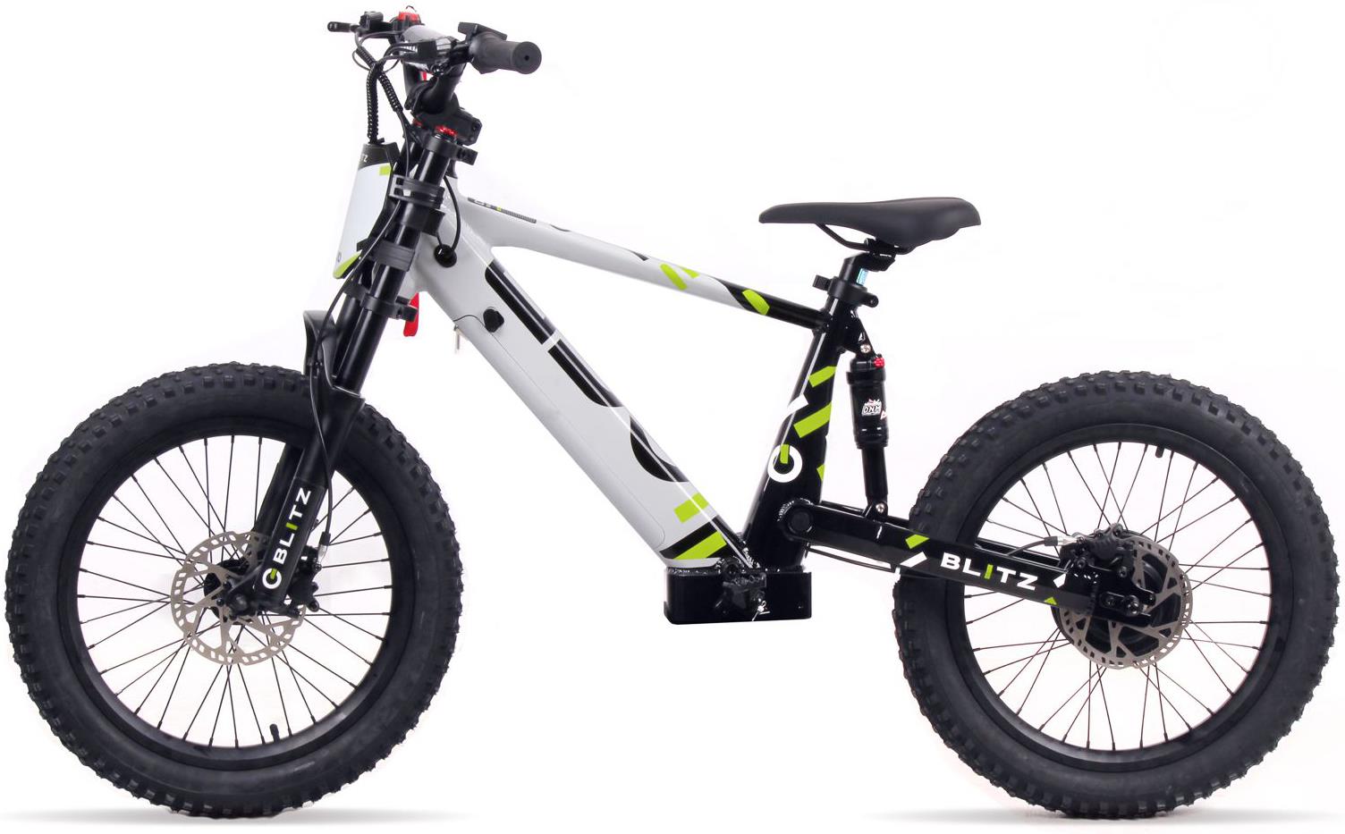 The Duo 20" Blitz Kids Electric Balance Bike in white/black features thick rugged tires, a sturdy frame, disc brakes, front suspension fork, and bold "BLITZ" branding—ideal for any terrain.