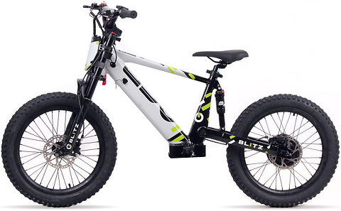 The Duo 20" Blitz Kids Electric Balance Bike in white/black features thick rugged tires, a sturdy frame, disc brakes, front suspension fork, and bold "BLITZ" branding—ideal for any terrain.