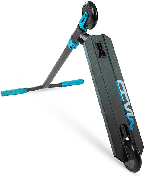 A black and blue Madd Gear Viral Rave Complete Stunt Scooter - Velocity is shown with one wheel off the ground, revealing the underside's hexagon pattern and blue and white "CCM" lettering.
