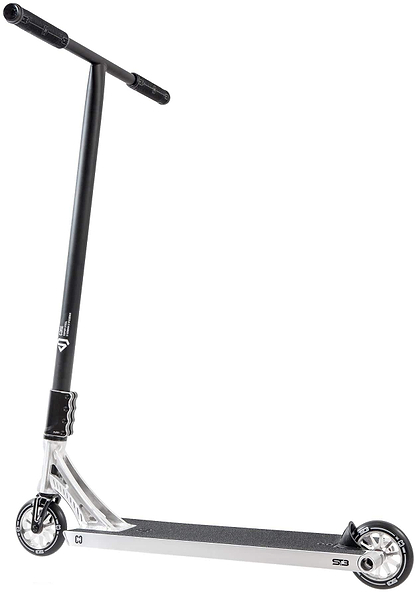 The CORE ST3 Complete Stunt Scooter - Polished by CORE features a silver and black design, tall handlebar with black grips, metal deck, small wheels, and pro-grade components, displayed against a white background.