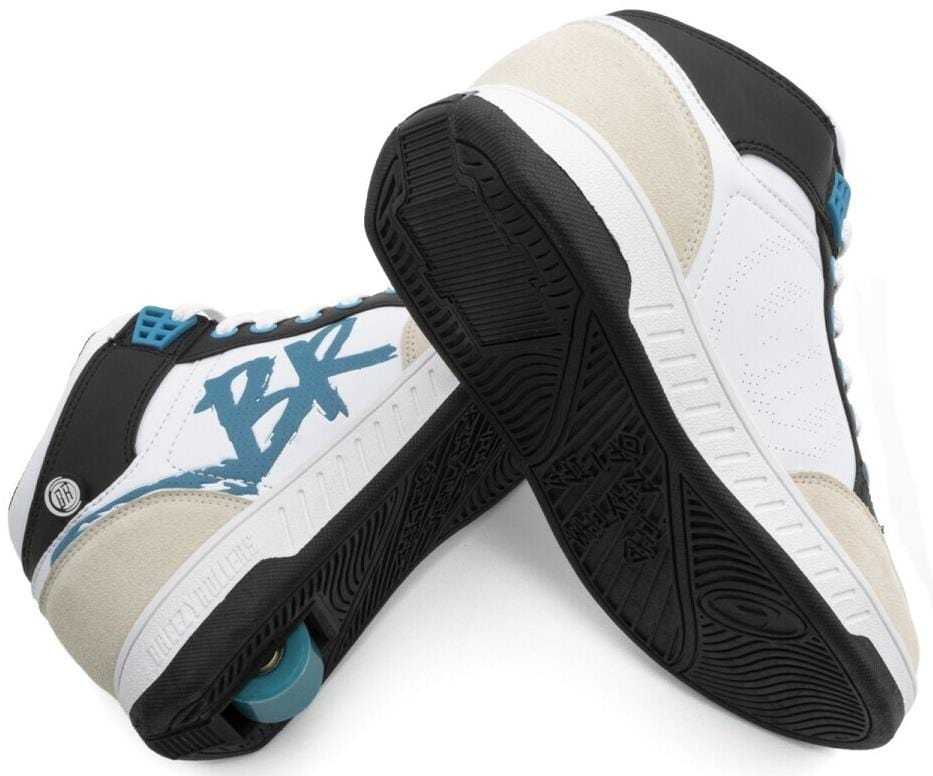 The Breezy Rollers Skater Shoes in White/Light Blue feature a retractable heel wheel, bold blue "BR" branding on the side, and eye-catching soles for a fun, standout look. Brand: Breezy Rollers.