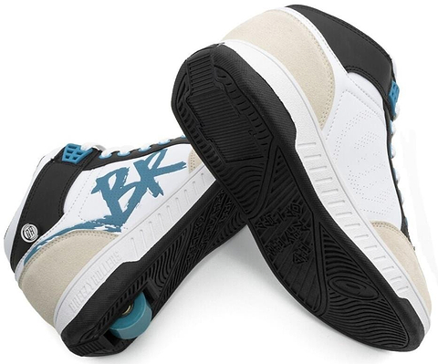 The Breezy Rollers Skater Shoes in White/Light Blue feature a retractable heel wheel, bold blue "BR" branding on the side, and eye-catching soles for a fun, standout look. Brand: Breezy Rollers.