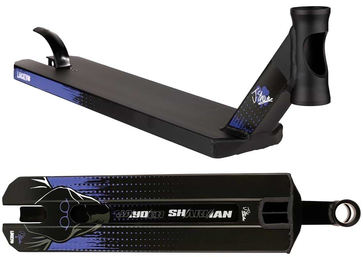 The Lucky Jayden Sharman V4 Signature Stunt Scooter Deck (5" x 19.5") features a black/blue 6061-T6 aluminum deck with "Sharkman" and "Lucky" text, shark graphic, black headtube with signature—ideal for technical riding.