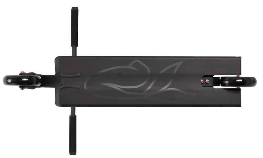 Top-down view of the Aztek Siren Complete Street Stunt Scooter - Black, showing two wheels and handlebars, plus a sleek deck graphic—ideal for street scooter enthusiasts.