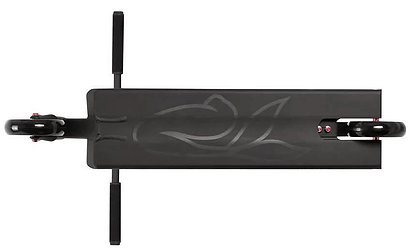 Top-down view of the Aztek Siren Complete Street Stunt Scooter - Black, showing two wheels and handlebars, plus a sleek deck graphic—ideal for street scooter enthusiasts.