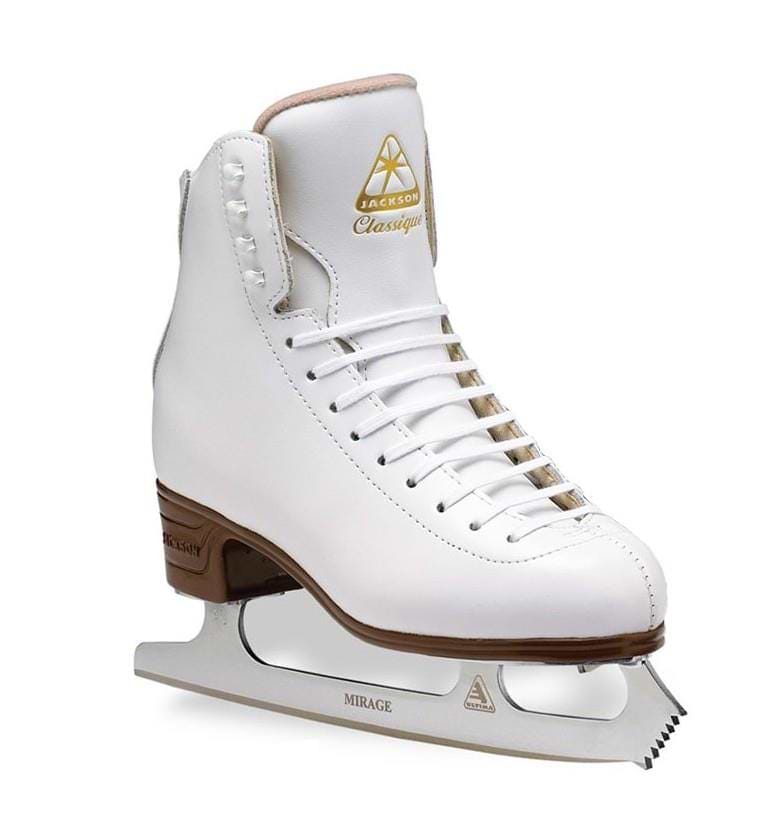 The Jackson Classique Figure Ice Skates - White by Jackson feature a brown heel, gold "Jackson Classique" logo, Ultima Mark IV chrome blade, and supportive laced-up design. Perfect for skaters seeking comfort and style.